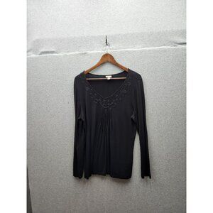 J.Jill Black Long Sleeve V-Neck Top With Embroidered Neckline Size XL